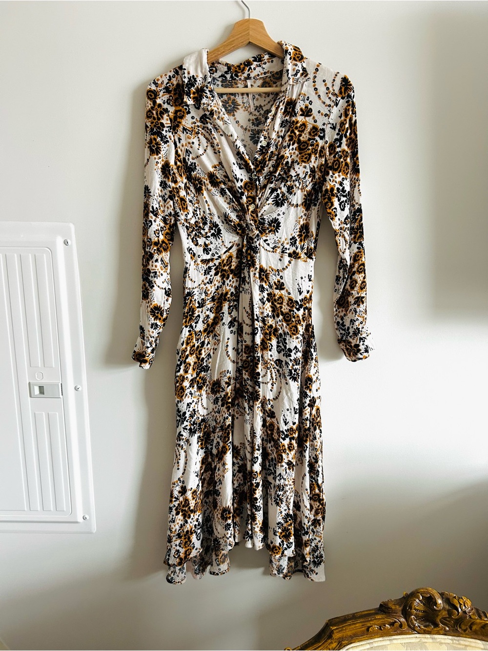 Free People Tough Love Floral Collared Shirt Midi Dress in White and Mustard